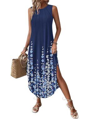 Women's Navy Print Summer Dress Casual Long Dress Split Curve Hem Dress Floral